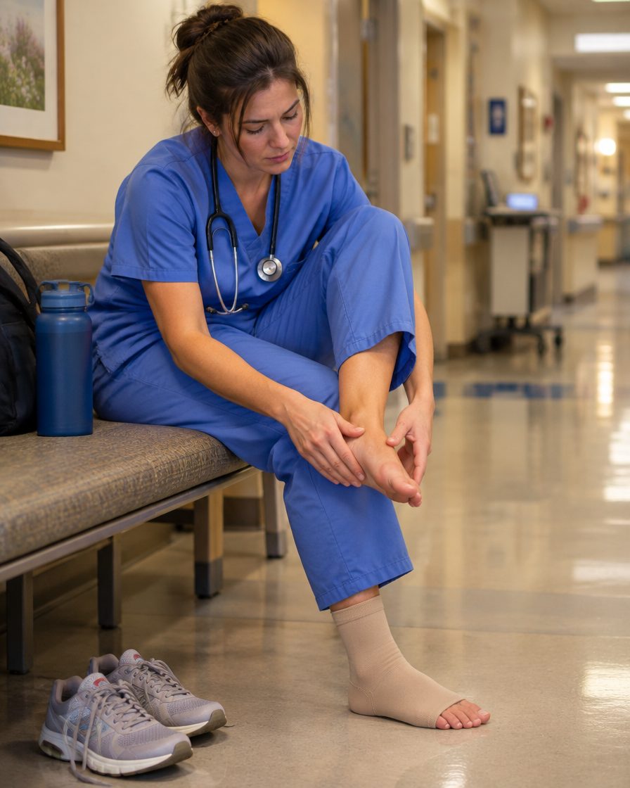 Nurse on a break rubbing her foot