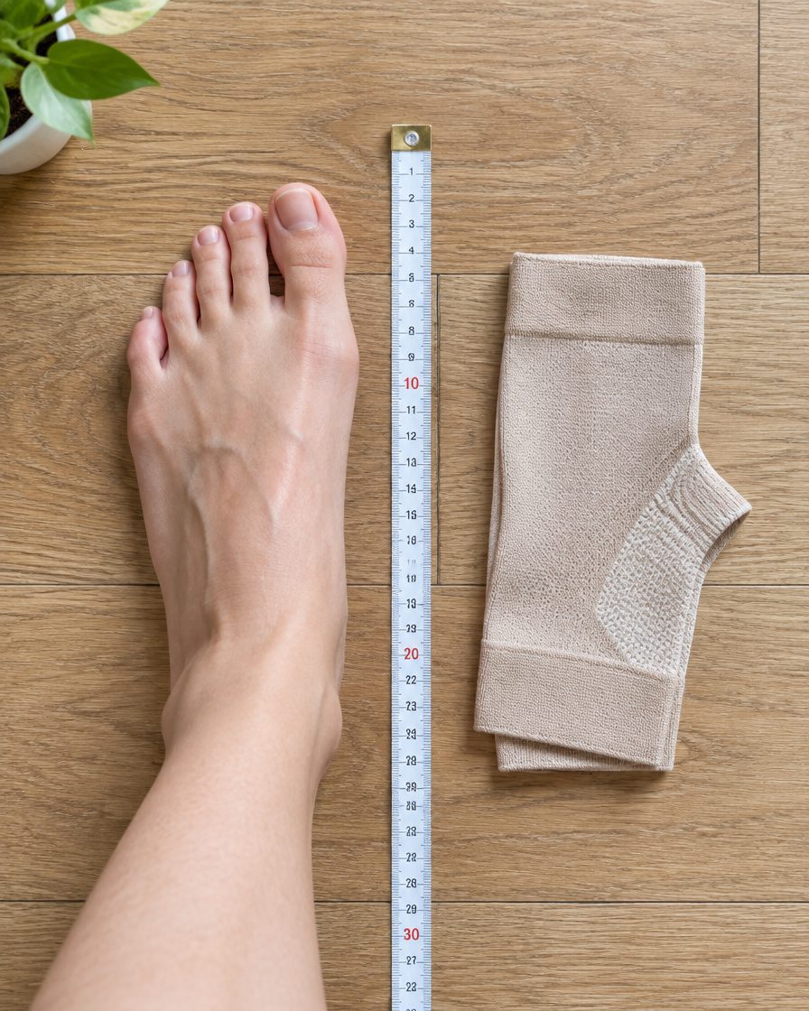 Foot next to a tape measure and a folded sleeve