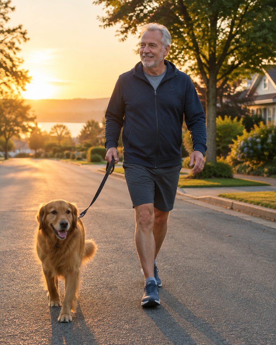 Man walking a dog at sunrise